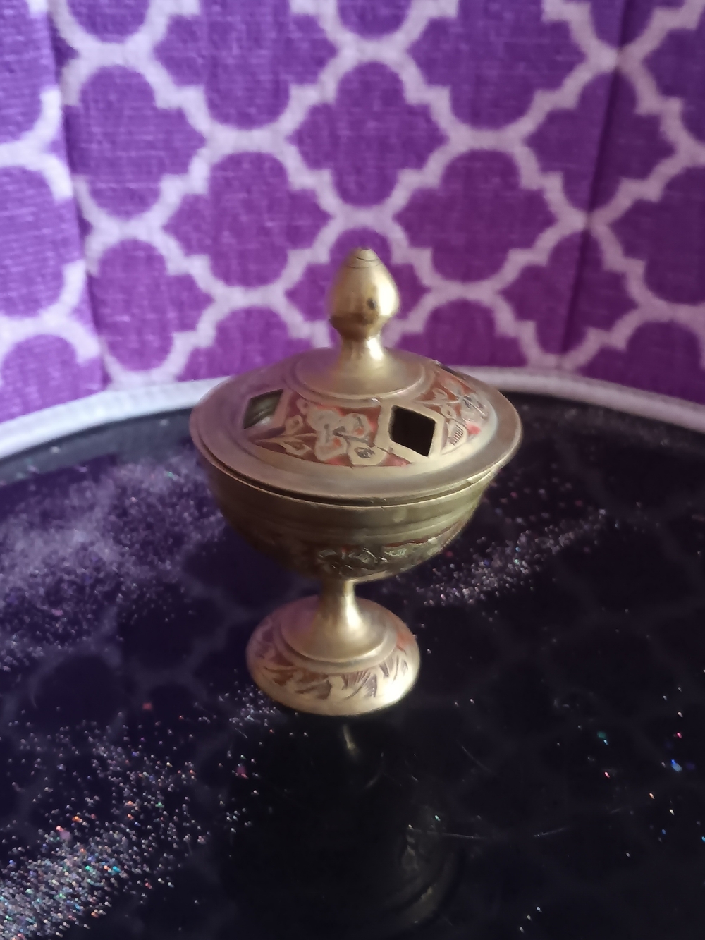 Vintage ETCHED brass Burner With Lid Pedestal Censer Handmade In INDIA